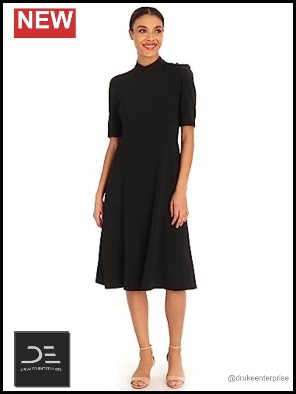 Mock Neck Scuba Crepe Fit and Flare Dress with Pockets